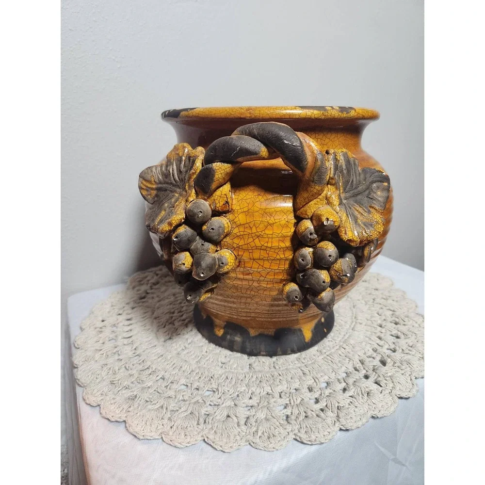 Vintage Ceramic Grape Cluster Centerpiece Pot and Matching Mug Set Amber Gold